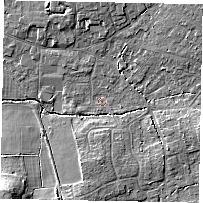Shaded relief map of the ground around GU68BJ, computed from Environment Agency LiDAR. The ground here sits at about 54 m above sea level and falls 11 m across the surrounding 800 m. Surface water reaching this point runs off ground lying to the east-south-east, 6.1 m higher.
