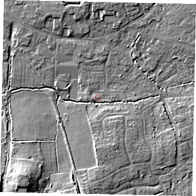 Shaded relief map of the ground around GU68BL, computed from Environment Agency LiDAR. The ground here sits at about 54 m above sea level and falls 12 m across the surrounding 800 m. Surface water reaching this point runs off ground lying to the north-east, 6.2 m higher.