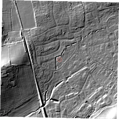 Shaded relief map of the ground around GU68DE, computed from Environment Agency LiDAR. The ground here sits at about 55 m above sea level and falls 21 m across the surrounding 800 m. Surface water reaching this point runs off ground lying to the east-south-east, 9.2 m higher.