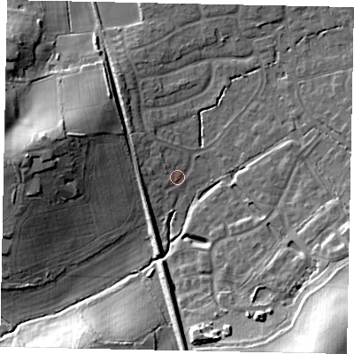 Shaded relief map of the ground around GU68DH, computed from Environment Agency LiDAR. The ground here sits at about 55 m above sea level and falls 24 m across the surrounding 800 m. Surface water reaching this point runs off ground lying to the north-west, 3.6 m higher.