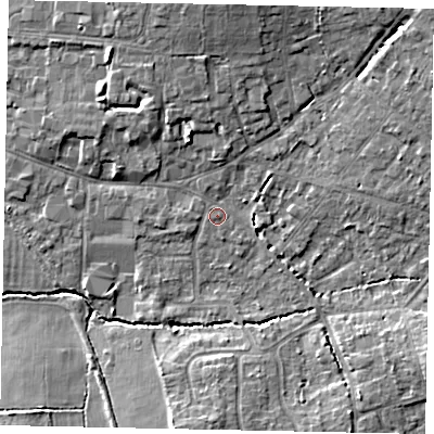 Shaded relief map of the ground around GU68DL, computed from Environment Agency LiDAR. The ground here sits at about 55 m above sea level and falls 11 m across the surrounding 800 m. Surface water reaching this point runs off ground lying to the north-west, 0.6 m higher.
