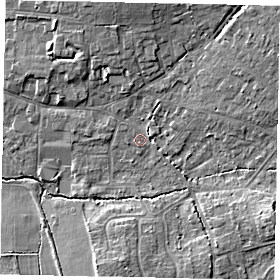 Shaded relief map of the ground around GU68DN, computed from Environment Agency LiDAR. The ground here sits at about 55 m above sea level and falls 10 m across the surrounding 800 m. Surface water reaching this point runs off ground lying to the north-east, 6.2 m higher.
