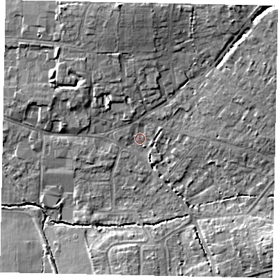 Shaded relief map of the ground around GU68DP, computed from Environment Agency LiDAR. The ground here sits at about 55 m above sea level and falls 11 m across the surrounding 800 m. Surface water reaching this point runs off ground lying to the north-east, 6.7 m higher.