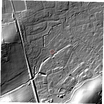 Shaded relief map of the ground around GU68DQ, computed from Environment Agency LiDAR. The ground here sits at about 55 m above sea level and falls 23 m across the surrounding 800 m. Surface water reaching this point runs off ground lying to the south-east, 18.2 m higher.