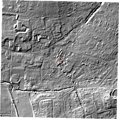 Shaded relief map of the ground around GU68DR, computed from Environment Agency LiDAR. The ground here sits at about 55 m above sea level and falls 10 m across the surrounding 800 m. Surface water reaching this point runs off ground lying to the north-east, 3.5 m higher.