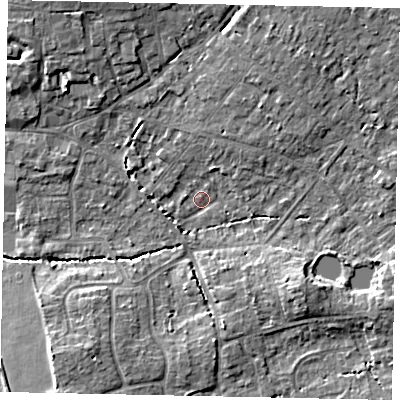 Shaded relief map of the ground around GU68DS, computed from Environment Agency LiDAR. The ground here sits at about 55 m above sea level and falls 9 m across the surrounding 800 m. Surface water reaching this point runs off ground lying to the north-east, 7.2 m higher.