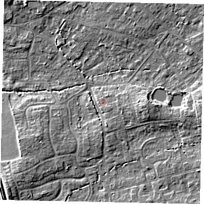 Shaded relief map of the ground around GU68DT, computed from Environment Agency LiDAR. The ground here sits at about 57 m above sea level and falls 10 m across the surrounding 800 m. Surface water reaching this point runs off ground lying to the east-south-east, 1.3 m higher.