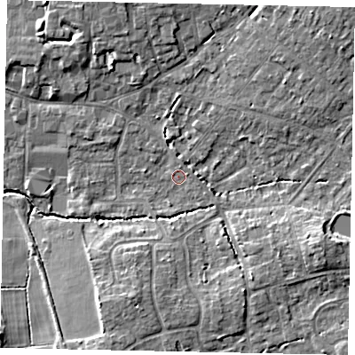 Shaded relief map of the ground around GU68DW, computed from Environment Agency LiDAR. The ground here sits at about 55 m above sea level and falls 9 m across the surrounding 800 m. Surface water reaching this point runs off ground lying to the east-north-east, 0.9 m higher.