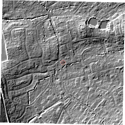 Shaded relief map of the ground around GU68DX, computed from Environment Agency LiDAR. The ground here sits at about 56 m above sea level and falls 12 m across the surrounding 800 m. Surface water reaching this point runs off ground lying to the east-north-east, 5.8 m higher.
