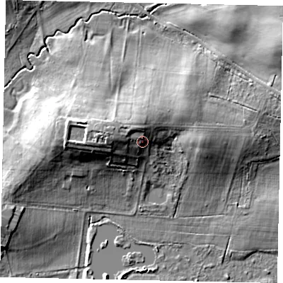 Shaded relief map of the ground around GU68EE, computed from Environment Agency LiDAR. The ground here sits at about 64 m above sea level and falls 12 m across the surrounding 800 m. Surface water reaching this point runs off ground lying to the west-north-west, 4.8 m higher.