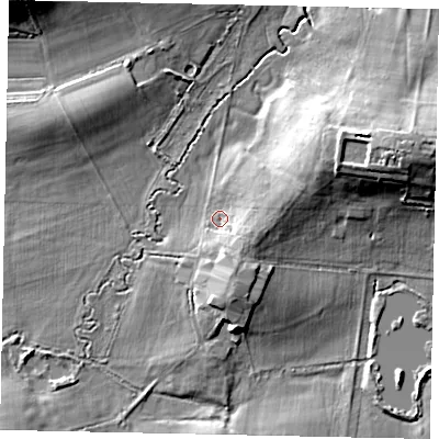 Shaded relief map of the ground around GU68EQ, computed from Environment Agency LiDAR. The ground here sits at about 57 m above sea level and falls 12 m across the surrounding 800 m. Surface water reaching this point runs off ground lying to the east-north-east, 4.7 m higher.