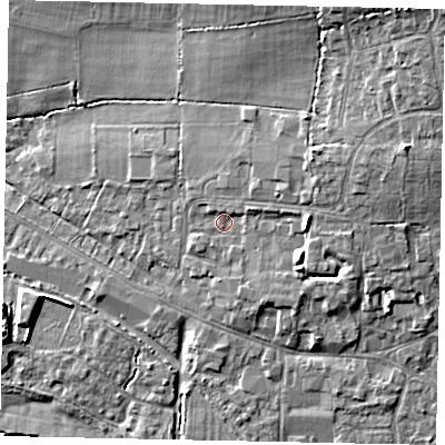 Shaded relief map of the ground around GU68FE, computed from Environment Agency LiDAR. The ground here sits at about 56 m above sea level and falls 16 m across the surrounding 800 m. Surface water reaching this point runs off ground lying to the east, 3.6 m higher.