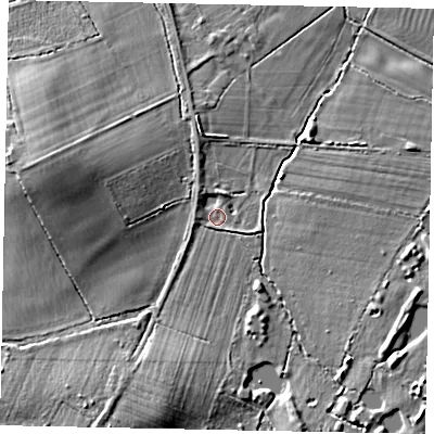 Shaded relief map of the ground around GU68FF, computed from Environment Agency LiDAR. The ground here sits at about 49 m above sea level and falls 10 m across the surrounding 800 m. Surface water reaching this point runs off ground lying to the south-south-west, 6.7 m higher.
