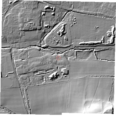Shaded relief map of the ground around GU68GT, computed from Environment Agency LiDAR. The ground here sits at about 48 m above sea level and falls 27 m across the surrounding 800 m. Surface water reaching this point runs off ground lying to the south-south-east, 4.6 m higher.
