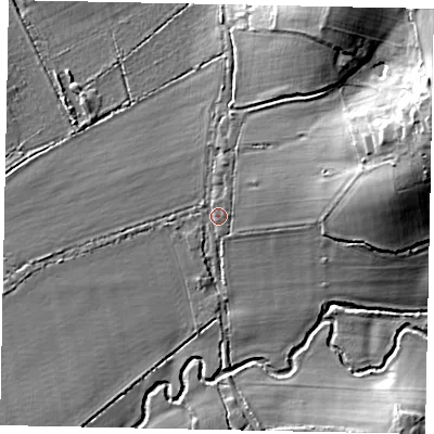 Shaded relief map of the ground around GU68JW, computed from Environment Agency LiDAR. The ground here sits at about 51 m above sea level and falls 22 m across the surrounding 800 m. Surface water reaching this point runs off ground lying to the east-north-east, 19.2 m higher.