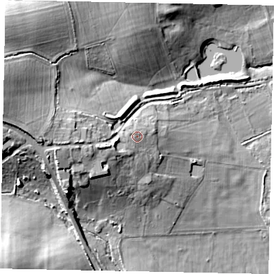 Shaded relief map of the ground around GU68JX, computed from Environment Agency LiDAR. The ground here sits at about 60 m above sea level and falls 25 m across the surrounding 800 m. Surface water reaching this point runs off ground lying to the west-south-west, 3.8 m higher.