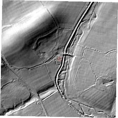 Shaded relief map of the ground around GU68LB, computed from Environment Agency LiDAR. The ground here sits at about 47 m above sea level and falls 16 m across the surrounding 800 m. Surface water reaching this point runs off ground lying to the west-north-west, 15.6 m higher.