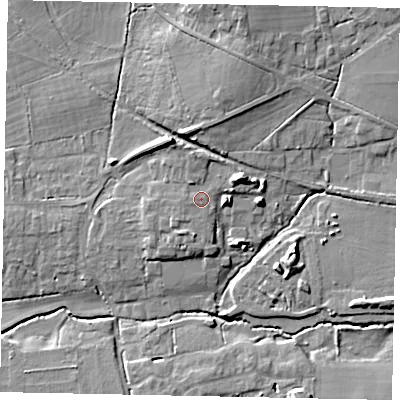 Shaded relief map of the ground around GU68LZ, computed from Environment Agency LiDAR. The ground here sits at about 51 m above sea level and falls 12 m across the surrounding 800 m. Surface water reaching this point runs off ground lying to the north, 1.8 m higher.