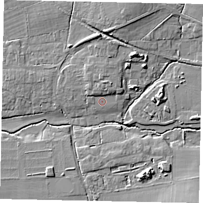 Shaded relief map of the ground around GU68ND, computed from Environment Agency LiDAR. The ground here sits at about 48 m above sea level and falls 11 m across the surrounding 800 m. Surface water reaching this point runs off ground lying to the north-north-east, 3.3 m higher.