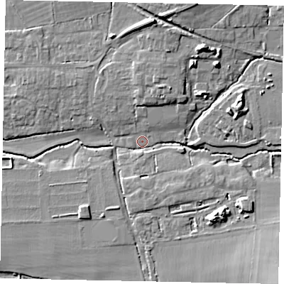 Shaded relief map of the ground around GU68NE, computed from Environment Agency LiDAR. The ground here sits at about 47 m above sea level and falls 12 m across the surrounding 800 m. Surface water reaching this point runs off ground lying to the north-north-east, 9.9 m higher.