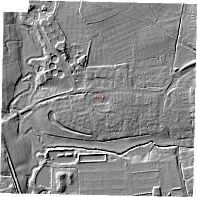 Shaded relief map of the ground around GU68NJ, computed from Environment Agency LiDAR. The ground here sits at about 47 m above sea level and falls 10 m across the surrounding 800 m. Surface water reaching this point runs off ground lying to the east, 2.2 m higher.