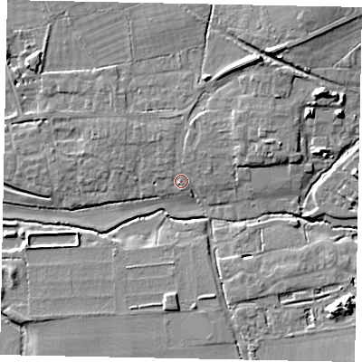 Shaded relief map of the ground around GU68NQ, computed from Environment Agency LiDAR. The ground here sits at about 48 m above sea level and falls 12 m across the surrounding 800 m. Surface water reaching this point runs off ground lying to the east-north-east, 3.7 m higher.
