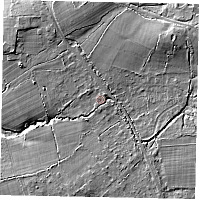 Shaded relief map of the ground around GU68PP, computed from Environment Agency LiDAR. The ground here sits at about 54 m above sea level and falls 17 m across the surrounding 800 m. Surface water reaching this point runs off ground lying to the north-east, 2.2 m higher.
