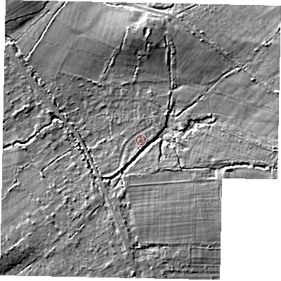 Shaded relief map of the ground around GU68PW, computed from Environment Agency LiDAR. The ground here sits at about 56 m above sea level and falls 15 m across the surrounding 800 m. Surface water reaching this point runs off ground lying to the north-east, 2.0 m higher.