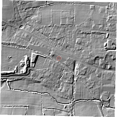Shaded relief map of the ground around GU68RJ, computed from Environment Agency LiDAR. The ground here sits at about 53 m above sea level and falls 12 m across the surrounding 800 m. Surface water reaching this point runs off ground lying to the east, 1.7 m higher.