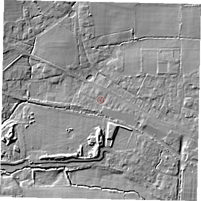 Shaded relief map of the ground around GU68RP, computed from Environment Agency LiDAR. The ground here sits at about 52 m above sea level and falls 13 m across the surrounding 800 m. Surface water reaching this point runs off ground lying to the east-south-east, 2.0 m higher.