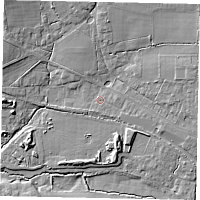 Shaded relief map of the ground around GU68RR, computed from Environment Agency LiDAR. The ground here sits at about 52 m above sea level and falls 12 m across the surrounding 800 m. Surface water reaching this point runs off ground lying to the north-east, 7.7 m higher.