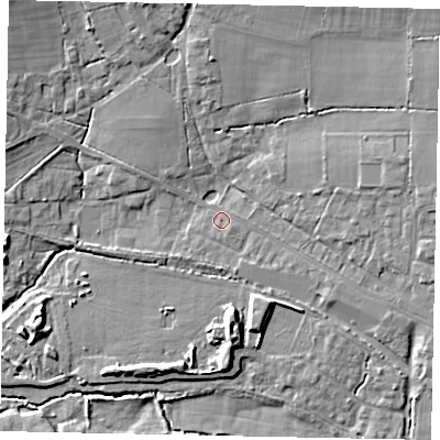 Shaded relief map of the ground around GU68RT, computed from Environment Agency LiDAR. The ground here sits at about 52 m above sea level and falls 14 m across the surrounding 800 m. Surface water reaching this point runs off ground lying to the east-north-east, 5.0 m higher.
