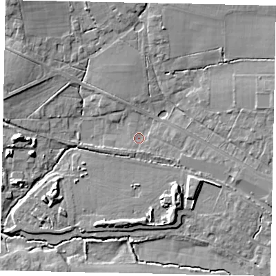 Shaded relief map of the ground around GU68RU, computed from Environment Agency LiDAR. The ground here sits at about 51 m above sea level and falls 12 m across the surrounding 800 m. Surface water reaching this point runs off ground lying to the north-east, 6.9 m higher.