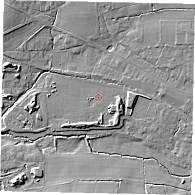 Shaded relief map of the ground around GU68RW, computed from Environment Agency LiDAR. The ground here sits at about 51 m above sea level and falls 10 m across the surrounding 800 m. Surface water reaching this point runs off ground lying to the east, 4.1 m higher.