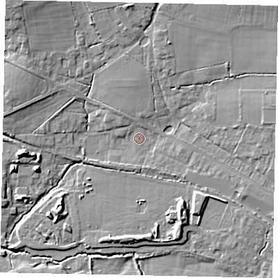 Shaded relief map of the ground around GU68RY, computed from Environment Agency LiDAR. The ground here sits at about 51 m above sea level and falls 13 m across the surrounding 800 m. Surface water reaching this point runs off ground lying to the north, 3.1 m higher.