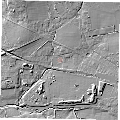 Shaded relief map of the ground around GU68RZ, computed from Environment Agency LiDAR. The ground here sits at about 50 m above sea level and falls 12 m across the surrounding 800 m. Surface water reaching this point runs off ground lying to the north-east, 7.2 m higher.