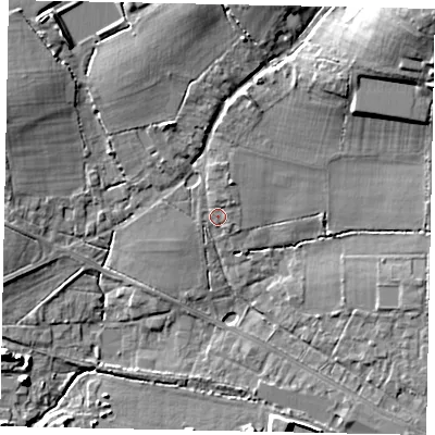 Shaded relief map of the ground around GU68SH, computed from Environment Agency LiDAR. The ground here sits at about 54 m above sea level and falls 23 m across the surrounding 800 m. Surface water reaching this point runs off ground lying to the north, 1.7 m higher.