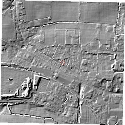 Shaded relief map of the ground around GU68SL, computed from Environment Agency LiDAR. The ground here sits at about 54 m above sea level and falls 13 m across the surrounding 800 m. Surface water reaching this point runs off ground lying to the east-north-east, 6.8 m higher.