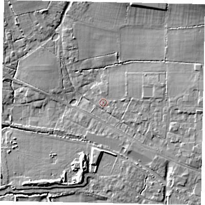 Shaded relief map of the ground around GU68SN, computed from Environment Agency LiDAR. The ground here sits at about 53 m above sea level and falls 17 m across the surrounding 800 m. Surface water reaching this point runs off ground lying to the east-north-east, 3.7 m higher.