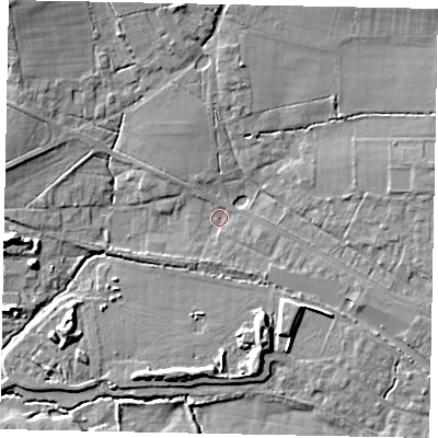 Shaded relief map of the ground around GU68SU, computed from Environment Agency LiDAR. The ground here sits at about 51 m above sea level and falls 13 m across the surrounding 800 m. Surface water reaching this point runs off ground lying to the north-east, 8.5 m higher.