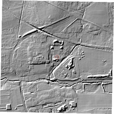 Shaded relief map of the ground around GU68TA, computed from Environment Agency LiDAR. The ground here sits at about 49 m above sea level and falls 11 m across the surrounding 800 m. Surface water reaching this point runs off ground lying to the north-north-west, 3.2 m higher.
