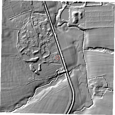 Shaded relief map of the ground around GU68TD, computed from Environment Agency LiDAR. The ground here sits at about 47 m above sea level and falls 9 m across the surrounding 800 m. Surface water reaching this point runs off ground lying to the north-west, 0.9 m higher.