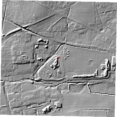 Shaded relief map of the ground around GU68WQ, computed from Environment Agency LiDAR. The ground here sits at about 50 m above sea level and falls 11 m across the surrounding 800 m. Surface water reaching this point runs off ground lying to the south-south-west, 3.9 m higher.