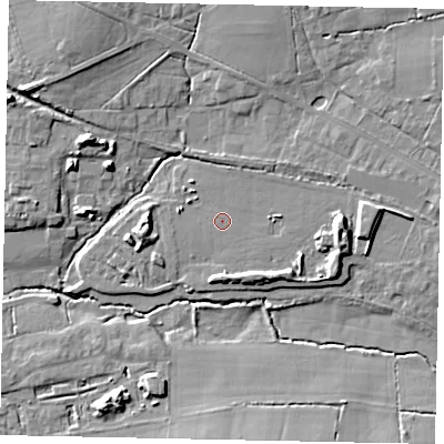 Shaded relief map of the ground around GU68XB, computed from Environment Agency LiDAR. The ground here sits at about 50 m above sea level and falls 10 m across the surrounding 800 m. Surface water reaching this point runs off ground lying to the east, 5.7 m higher.