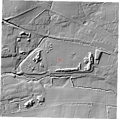 Shaded relief map of the ground around GU68ZD, computed from Environment Agency LiDAR. The ground here sits at about 50 m above sea level and falls 10 m across the surrounding 800 m. Surface water reaching this point runs off ground lying to the east, 0.7 m higher.