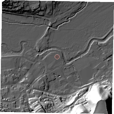 Shaded relief map of the ground around GU71DR, computed from Environment Agency LiDAR. The ground here sits at about 38 m above sea level and falls 62 m across the surrounding 800 m. Surface water reaching this point runs off ground lying to the south-south-west, 1.2 m higher.