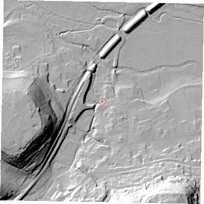 Shaded relief map of the ground around GU71ET, computed from Environment Agency LiDAR. The ground here sits at about 39 m above sea level and falls 54 m across the surrounding 800 m. Surface water reaching this point runs off ground lying to the south-south-east, 50.7 m higher.