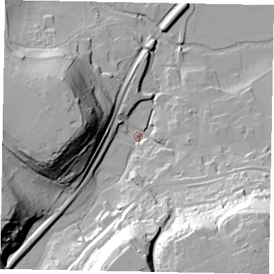 Shaded relief map of the ground around GU71EY, computed from Environment Agency LiDAR. The ground here sits at about 39 m above sea level and falls 56 m across the surrounding 800 m. Surface water reaching this point runs off ground lying to the south-east, 54.7 m higher.