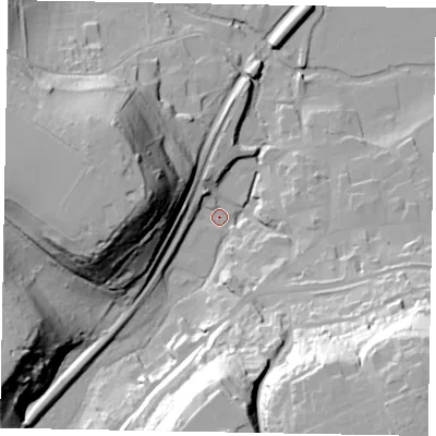 Shaded relief map of the ground around GU71EZ, computed from Environment Agency LiDAR. The ground here sits at about 40 m above sea level and falls 56 m across the surrounding 800 m. Surface water reaching this point runs off ground lying to the south-east, 54.7 m higher.