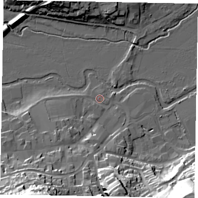 Shaded relief map of the ground around GU71FN, computed from Environment Agency LiDAR. The ground here sits at about 38 m above sea level and falls 55 m across the surrounding 800 m. Surface water reaching this point runs off ground lying to the south-west, 36.1 m higher.